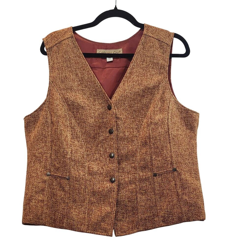 Coldwater Creek Size 14 Vest Tweed Rust Snap Closure Front Fitted Satin Lined